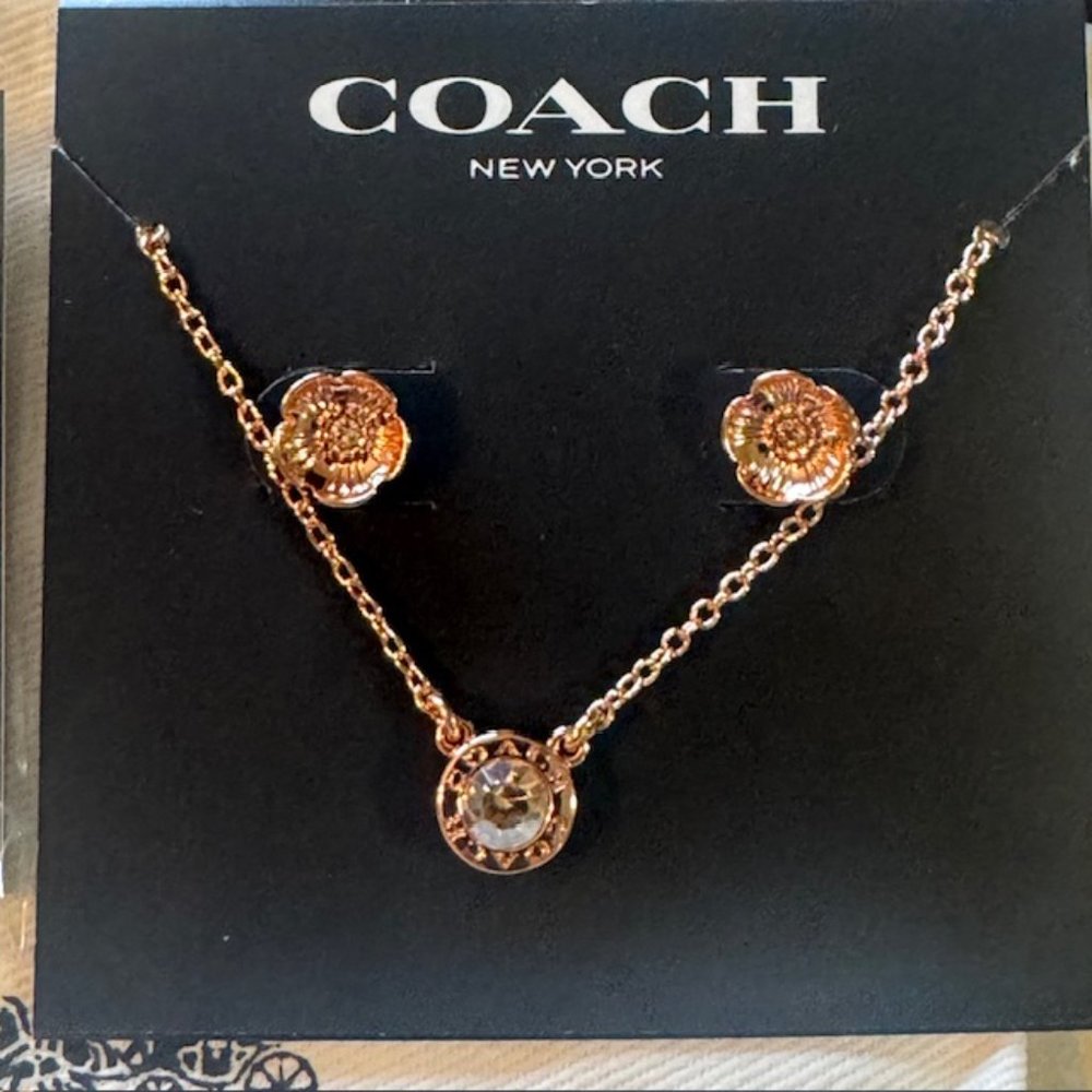 New COACH Open Circle Necklace + Tea Rose Stud Earring Set